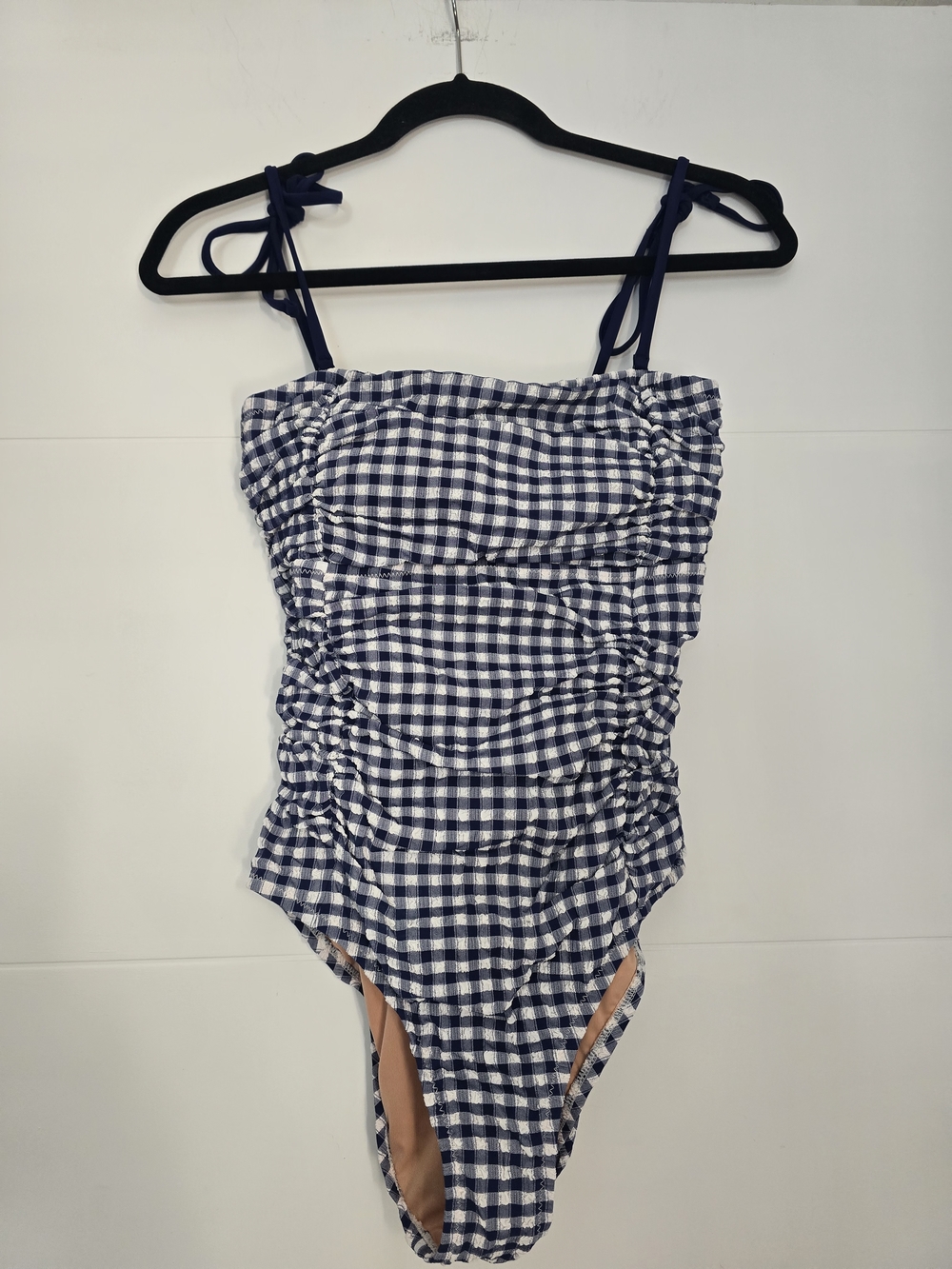 J.Crew Ruched One-Piece Swimsuit Navy Blue White Gingham Seersucker Women's 6